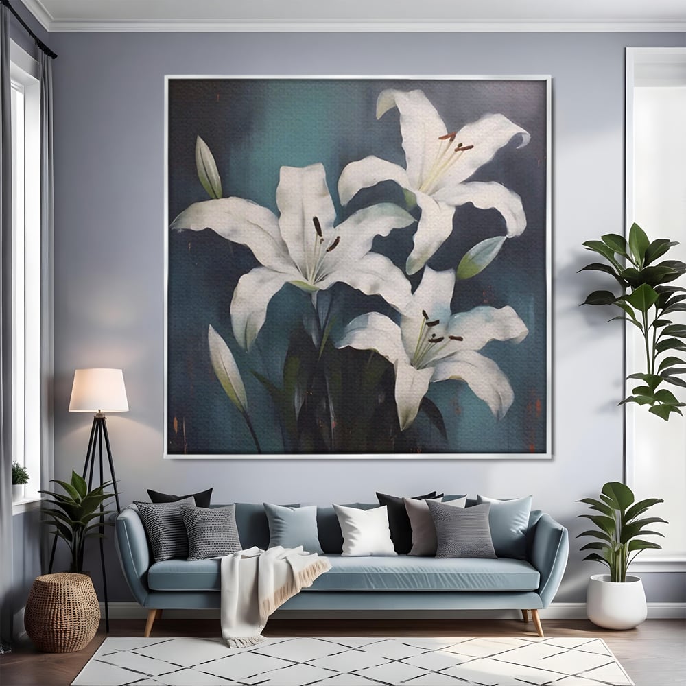 Tablou canvas cu pictura patrata cu crini albi, in rama de aluminiu argintiu, pe perete intr-un living